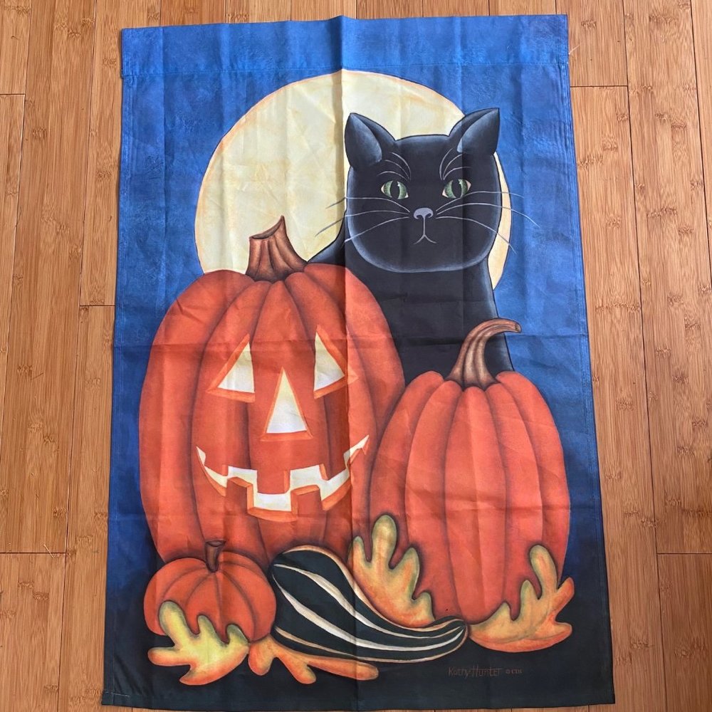 Halloween‎ garden flag black cat Jack-o-lantern full moon Kathy Hunter art